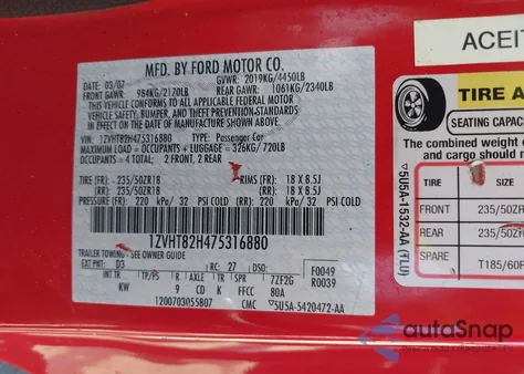 2007 Ford Mustang Gt Deluxe/Gt Premium из США, поврежденный, VIN 1ZVHT82H475316880